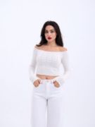 42241 TRİKO KAYIK YAKA CROP-EKRU resmi